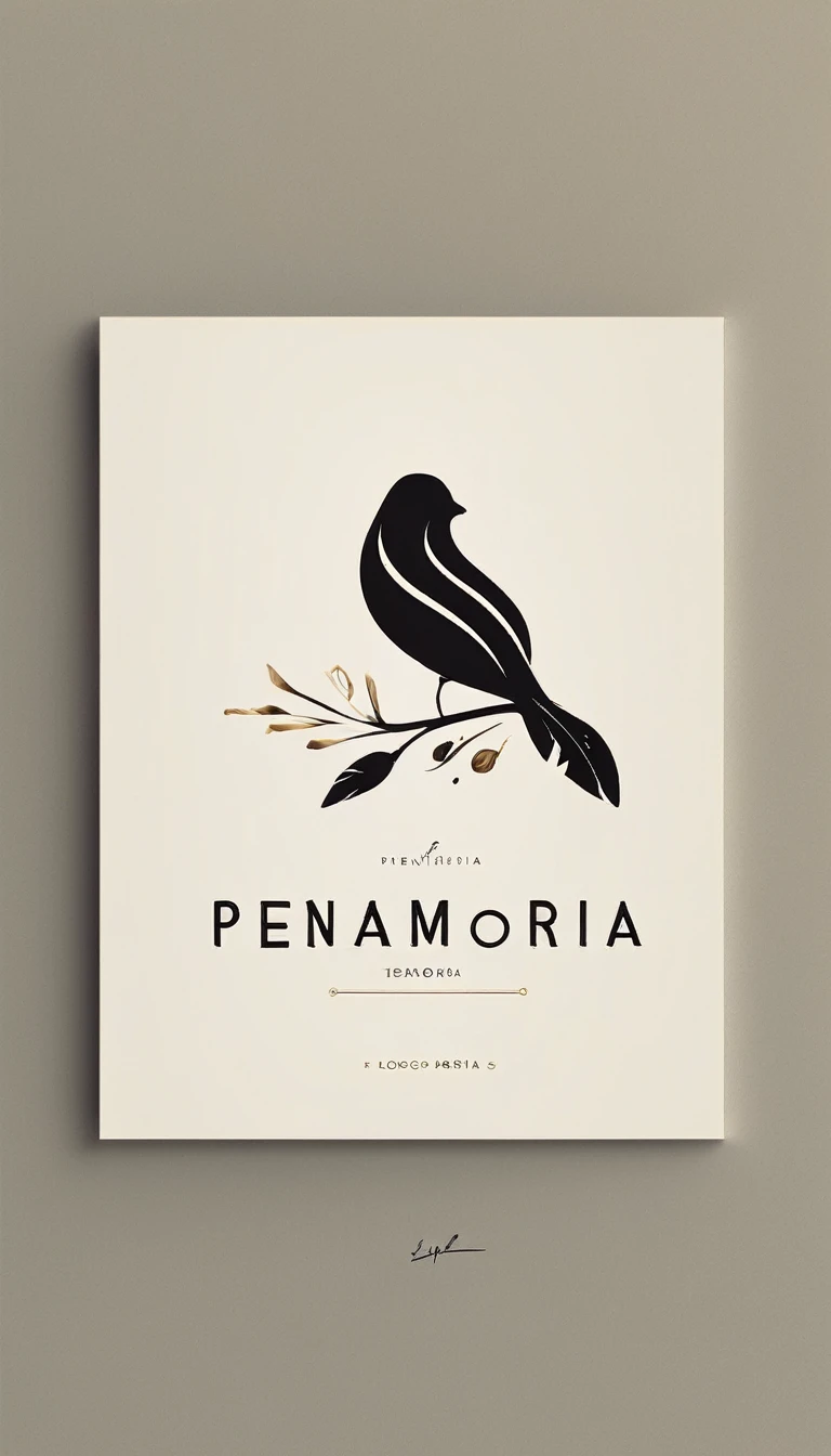 A minimal, modern, simple, cinematic logotype for the brand “Penamemoria". The logotype must be a simple, magical feather and a boy playing acoustic guitar. The logo must convey a sense of music, stories and dreams. Logo design impressed on a book cover. Minimalistic logo