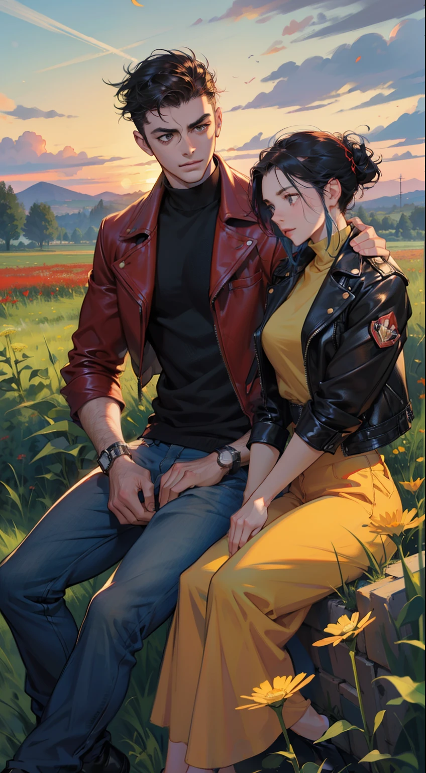 A man and a woman sitting in a lush meadow of vibrant red flowers, sunset sky in the background, an Irish landscape, dandelion seeds floating in the gentle wind, romantic style, boy and girl, red flowers, boy wearing a leather jacket and jeans, flying dandelion seeds, detailed facial features, dynamic poses, ultra-detailed, 8k, photorealistic, professional, vivid colors, cinematic lighting