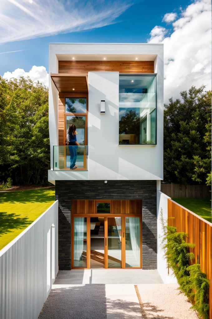 exterior house, contemporary style, white wall, wood wall, wood door, glass window, (realistic:1.2), Masterpiece, high quality, best quality, authentic, super detail, outdoors,road,pavement, grass, trees, sky, cloud, (daylight:1.1)