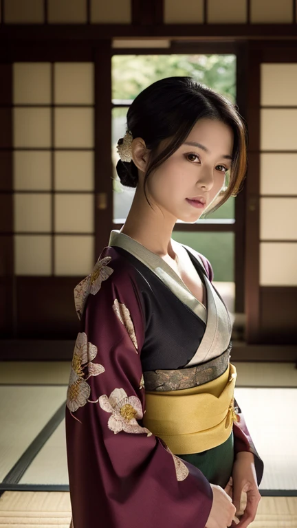A breathtakingly realistic image depicting the Japanese yokai Rokurokubi in a eerie and macabre way. The woman's head and torso are separated and connected by an unnaturally long two-meter neck, she has a pale, almost porcelain-like face and an emotionless expression. She wears a traditional red kimono with a delicate floral pattern. Shot from eye level to accentuate her long neck and incredibly creepy presence. Set in a traditional Japanese room with tatami mats and shoji screens, the natural light creates a serene yet eerie atmosphere. The image is rendered in an astounding 16K resolution, capturing the smooth skin, intricate kimono fabric and surreal details of the surrounding environment. The colors are muted and natural, meticulously graded in ACES color space to achieve a memorable cinematic tone. The composition is meticulously crafted to eliminate imperfections and distractions, resulting in a spine-chillingly perfect image that pushes the limits of photorealism. --ar 9:16 --v 6.0 --q 2 --s 1000