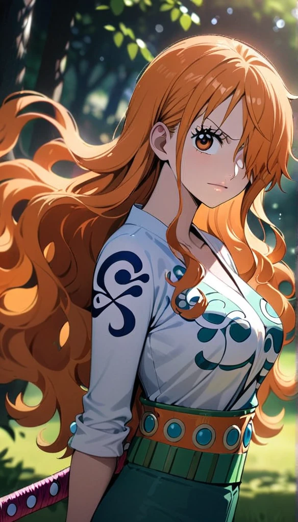 masterpiece, best quality), intricate details, 1 girl, woman, orange hair, nami \ (one piece\), (long hair), shirt, white shirt, female focus, clothes, orange colour kimono, nature, scenery, upper body, ((front view)) ((close up shot)) ((solo)) ((hair over one eyes)) detailed, very high resolution, no blurry image, full body, orange eyes, sligh wavy hair, ((nami from one piece)) ((female nami from one piece)), holding katana, (((wavy hair)) 