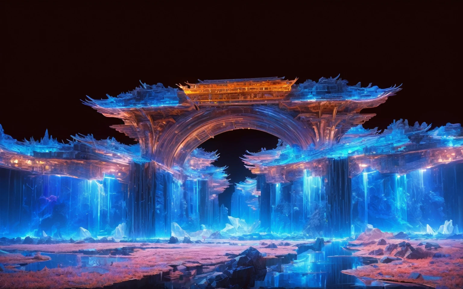 night,moonlight,  Crystal Abyss Kinetic Asia Streamline Zmey Gorynych,   Angelic , Gothic architecture, Underground landscape, Simple Art,  reconstrution, wireFrame rendering, Decimal Engine, Surreal, Pastel Painting, reproduction,   detailed, 16K, extreme, prototype #Fast autoFocus, F/4, Shutter Speed ​​1/250 sec, ISO00, White Balance Daylight, Exposure compensation    "+1.0Electric Vehicles", Shutter priority shooting mode, Framing, Focus mode manual, Spot metering"  