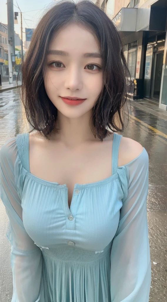 ((Highest quality, 8K, masterpiece:1.3)), concentrated: 1.2, Perfect Body Beauty: 1.4, Hips: 1.2, ((Layered Haircut, chest: 1.2)), (Wet clothes: 1.1), (rain, street:1.3), Bandeau dress: 1.1, Highly detailed face and skin texture, Beautiful Eyes, double eyelid, Whitening skin, Long Hair, (shut up: 1.3), smile