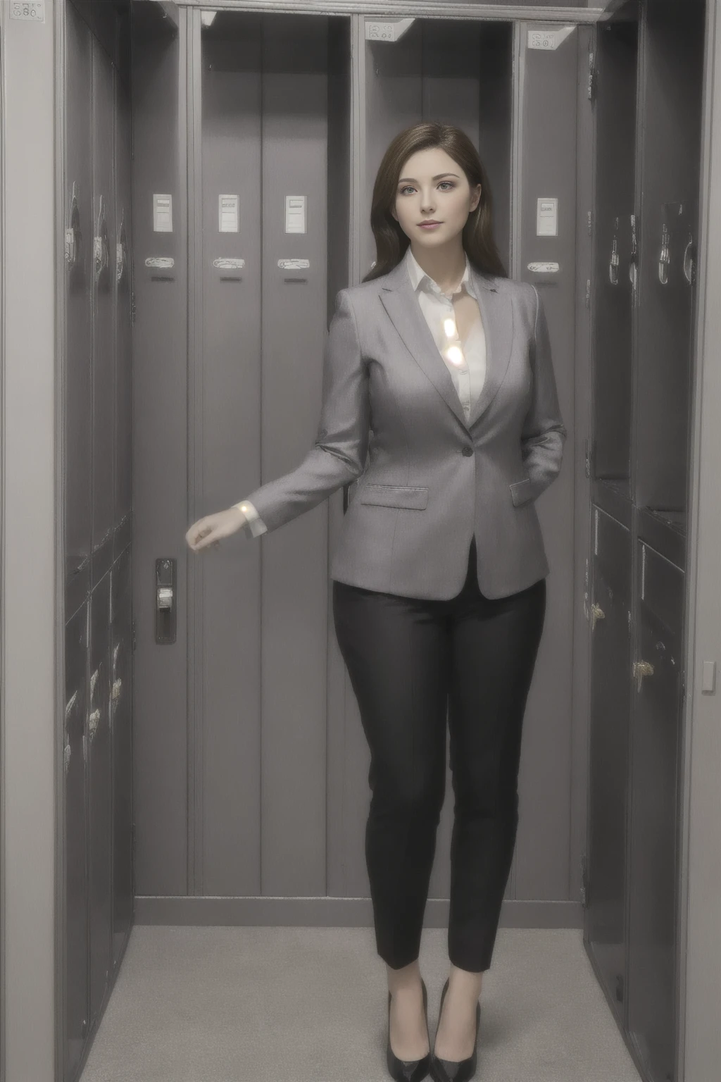 ((Highest quality, 8K, masterpiece: 1.3, Realistic)), (close:1), Mature and attractive women, Business Wear, Curvy:0.5, Severe, Empty locker room,