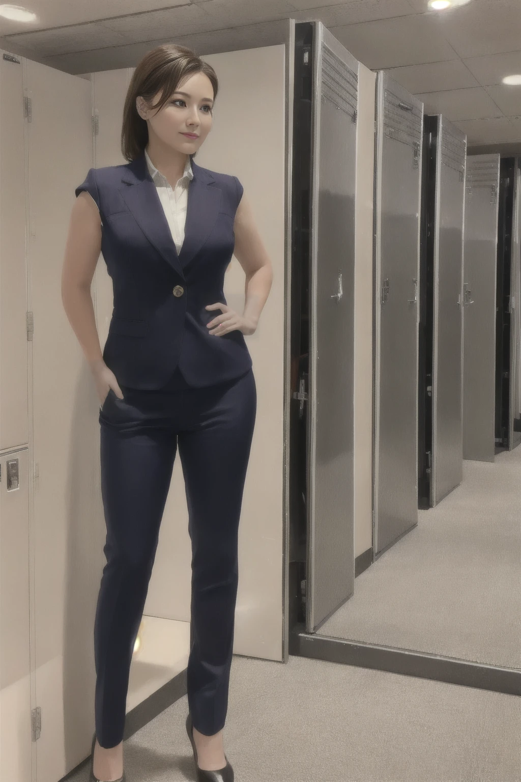 ((Highest quality, 8K, masterpiece: 1.3, Realistic)), (close:1), Mature and attractive women, Business Wear, Curvy:0.5, Severe, Empty locker room,