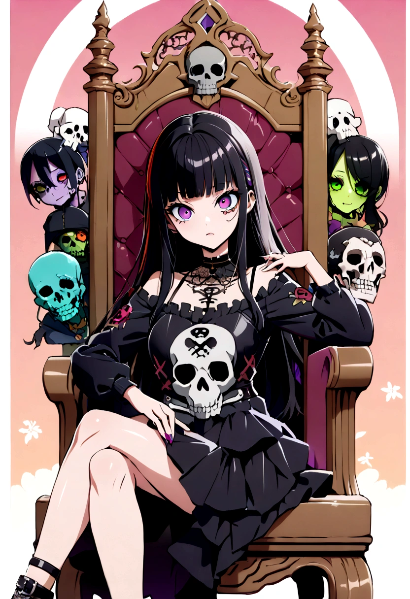Black Hair、Black Feather、Gothic punk dress、Legs sticking out,Sit on a chair, Crossing your legs、Throne,anime zombie witch design, Crossbones, skull, Streetwear Design, Provector, Horror Style, Full Design, Only 6 colors, Solid Colors, No Shadow, Full Design, Stickers, Bright colors, White Background.Ultra-fine illustrations,(((Beautiful fine hair))),(((Beautiful Faces))),(((Beautiful background))),(((Beautiful fine hair))),(((Beautiful Faces))),(((Beautiful background)))、Black Hair、Blunt bangs