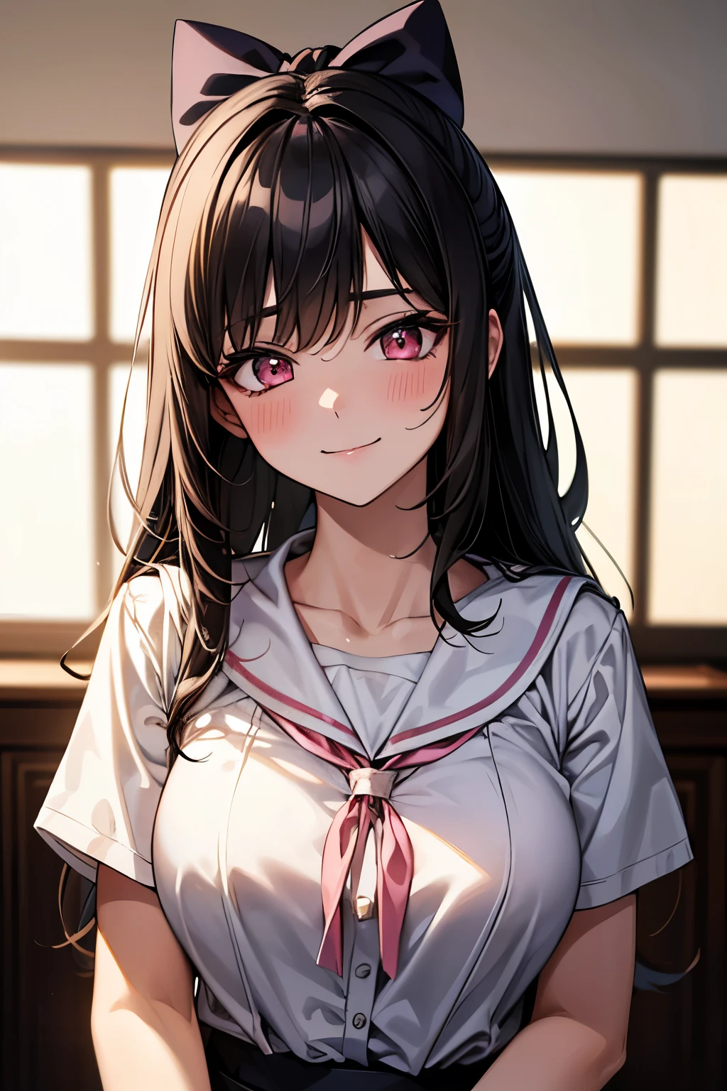 (best quality:1.1), (Masterpiece:1.2), lady, long hair, black hair, Hair bow, pink eyes, big breasts:1.2,  beautiful, cute, Bright face, Good mood, high school girl, student uniform set, Sweating, ปากอมชมพู, ยิ้ม, ห้องเรียน, เย้ายวน, collarbone, ((Highest quality, Best Performance, Maximum details, Light and shadow details:1.2, 4k details))