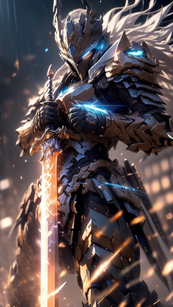 a fierce warrior,battle-worn armor,gripping a sword in both hands,determined and intense expression,intricate runic symbols etched along the blade,glowing with a mystical light,dramatic scene,dynamic lighting,imposing presence,(best quality,4k,8k,highres,masterpiece:1.2),ultra-detailed,(realistic,photorealistic,photo-realistic:1.37),HDR,UHD,studio lighting,ultra-fine painting,sharp focus,physically-based rendering,extreme detail description,professional,vivid colors,bokeh,fantasy,dark,cinematic