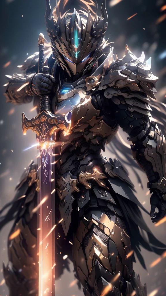 a fierce warrior,battle-worn armor,gripping a sword in both hands,determined and intense expression,intricate runic symbols etched along the blade,glowing with a mystical light,dramatic scene,dynamic lighting,imposing presence,(best quality,4k,8k,highres,masterpiece:1.2),ultra-detailed,(realistic,photorealistic,photo-realistic:1.37),HDR,UHD,studio lighting,ultra-fine painting,sharp focus,physically-based rendering,extreme detail description,professional,vivid colors,bokeh,fantasy,dark,cinematic