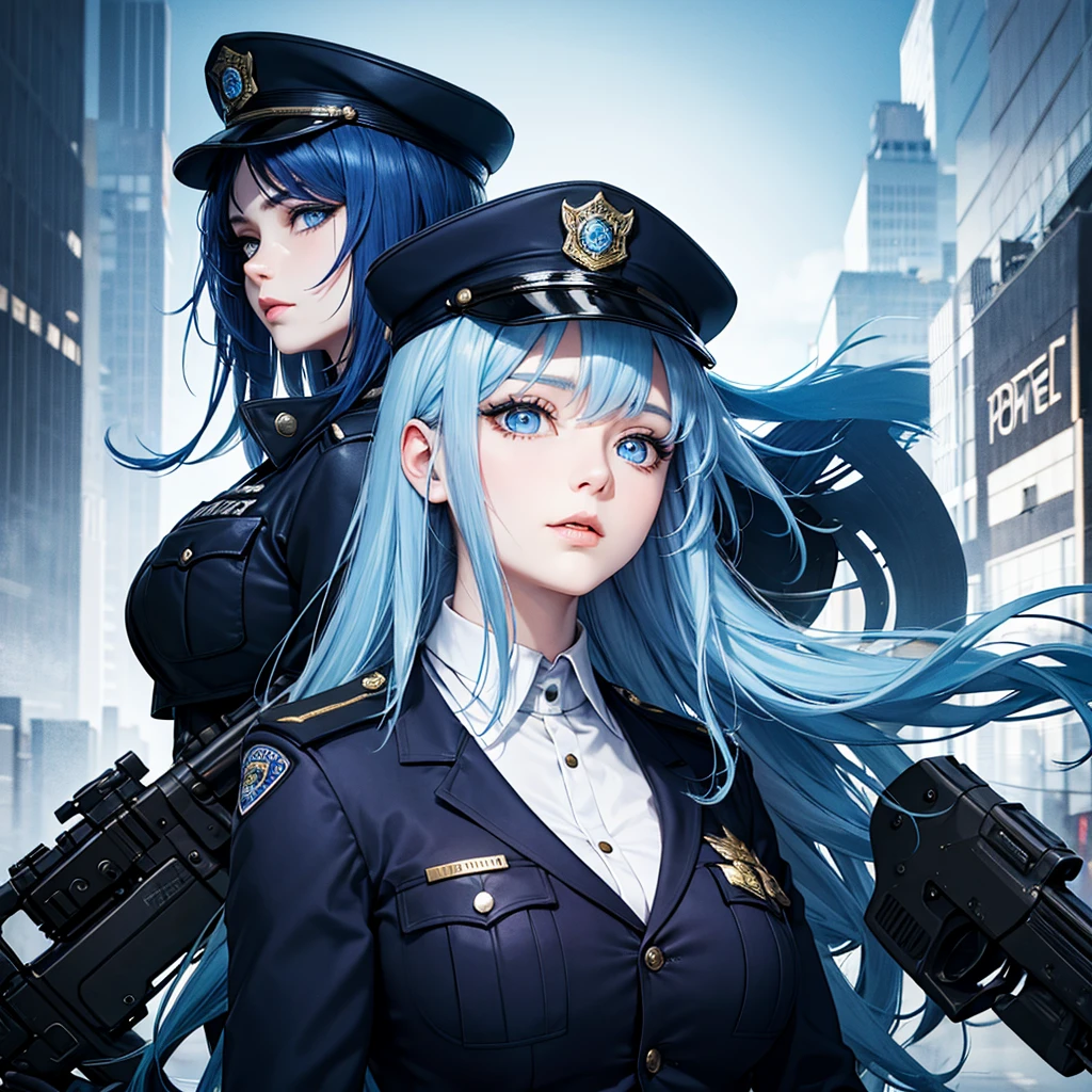Blue Hair,Blue Eyes,Long hair,Big breasts,Woman in police uniform,Mature face