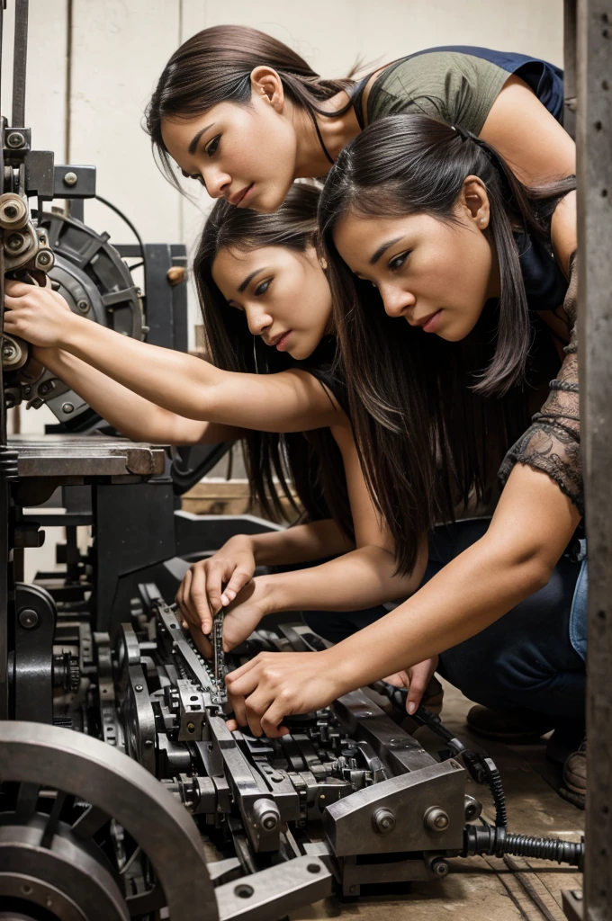 A group of women assembling intricate machinery, their hands working swiftly, faces showing concentration and pride