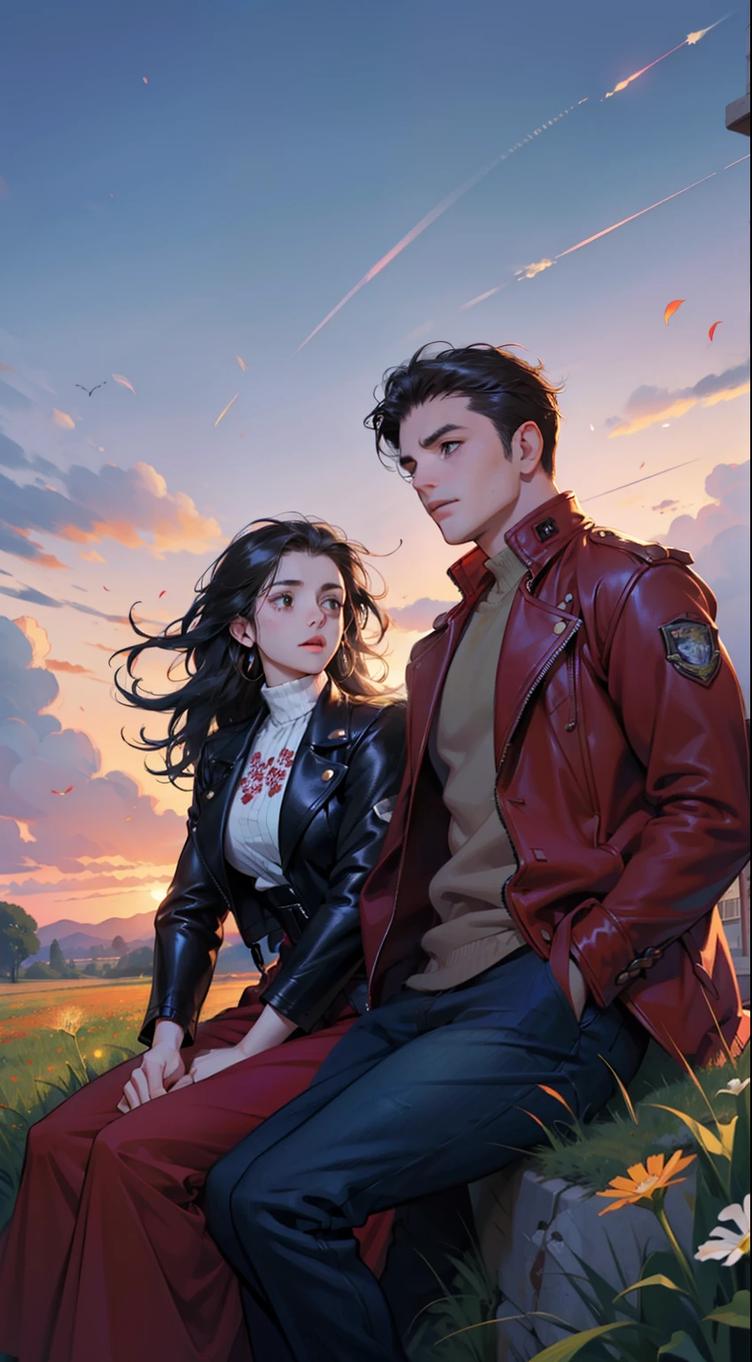 A man and a woman sitting in a lush meadow of vibrant red flowers, sunset sky in the background, an Irish landscape, dandelion seeds floating in the gentle wind, romantic style, boy and girl, red flowers, boy wearing a leather jacket and jeans, flying dandelion seeds, detailed facial features, dynamic poses, ultra-detailed, 8k, photorealistic, professional, vivid colors, cinematic lighting