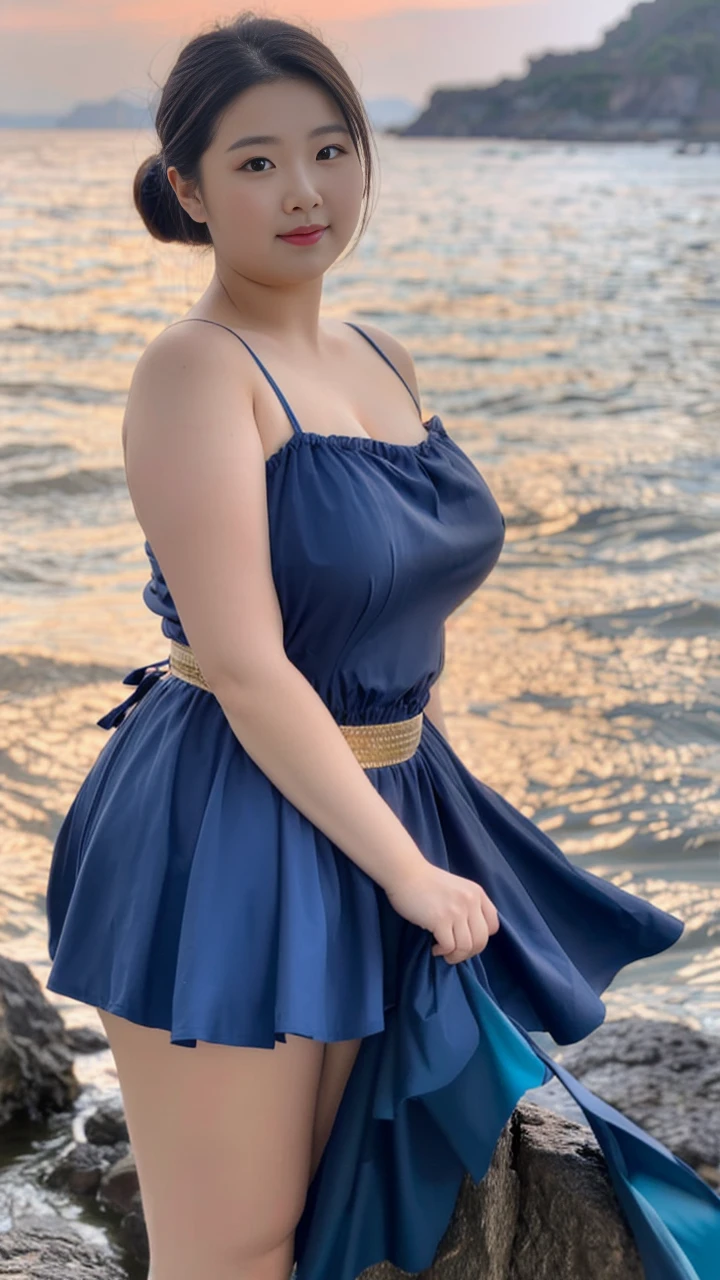 Beautiful fat woman standing by the sea