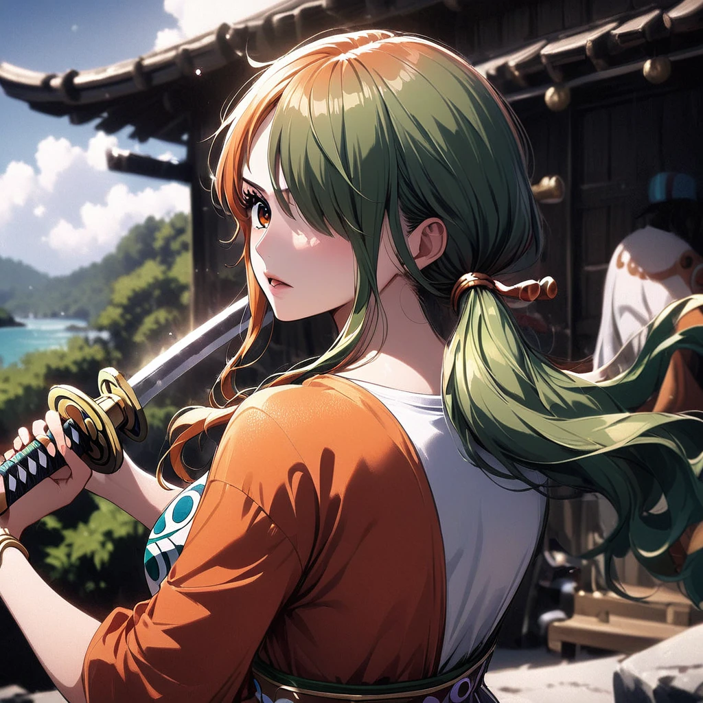 masterpiece, best quality), intricate details, 1 girl, woman, green hair, nami \ (one piece\), (long hair), shirt, white shirt, female focus, clothes, orange colour kimono, nature, scenery, upper body, ((front view)) ((close up shot)) ((solo)) ((hair over one eyes)) detailed, very high resolution, no blurry image, full body, orange eyes, sligh wavy hair, ((nami from one piece)) ((female nami from one piece)), holding katana, (((low ponytail)) Along with luffy 