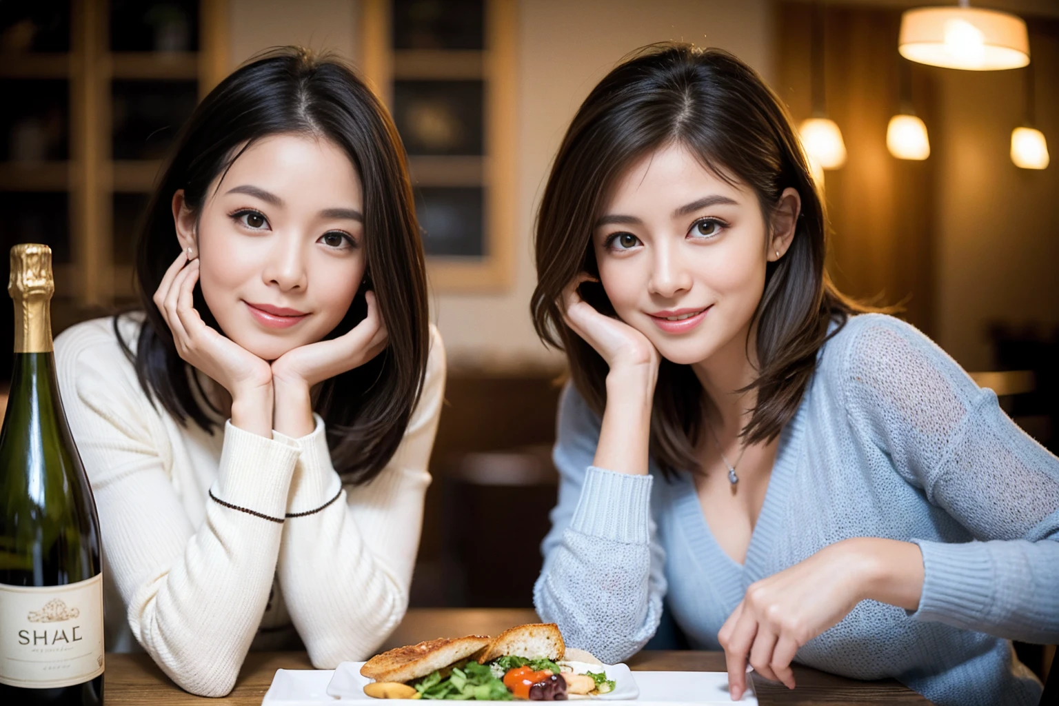 ((Highest quality、8K、masterpiece:1.3))、1 male、1 woman who resembles Satomi Ishihara、Couple、spouse、Couple、The body is slim、((Bob Hale、Straight hair:1.2)), (Realistic, Intricate details:1.2), テーブルの上のwine glass、Shine light on your face、 Amazing view of the sunset sky and clouds、Amazing mountain views、A bright smile、The wonderfulness of smile、Bright image、The beauty of wine, Beautiful Face, blue eyes, The light shines on your face, Blushing, short hair,Bright Face、42 years old), 39 years old, red wine 、Appetizers、Italian food、Wine bottle、Champagne、sparkling wine、Two beauties、Brown Hair、Shortcuts、Long sleeve shirt、dress、Beautiful woman 1, (slimな顔), (The body is slim), (Brown Hair), (Shortcuts), cheeks turn a little red,Attractive beauty、restaurant, In a prominent place (From the waist up) Nova Frog Style, actress, model, Upper Body, White wine, slim, wine glass, 中央に置かれたwine glass, smile, (smile: 1.15), Beautiful fine grain, Depth f/2,saturation, High Contrast, Strong light and shadow,Moist Body:1.5、3D texture、Delicate eyes、Brown Hair、The hair is very shiny、