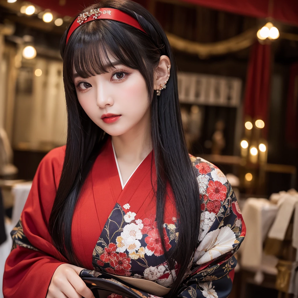 Urzan-6500-v1.1, (RAW Photos:1.2), (Photorealistic), (Genuine:1.4), (Pieces fly), Elegant woman with a perfect figure: 1.3, Jet Black Hair、((Straight bob hair with neatly trimmed ends、bangs、Red Hairband))、(She is wearing a deep purple furisode with an elegant pattern..)、Standing with the fan closed、Majestic Hall々, (A look full of murderous intent:1.2)、 Highly detailed face and skin, Beautiful Eyes, double eyelid, Full Body Shot:1.2、Wearing short boots、(1 person:1.4)、