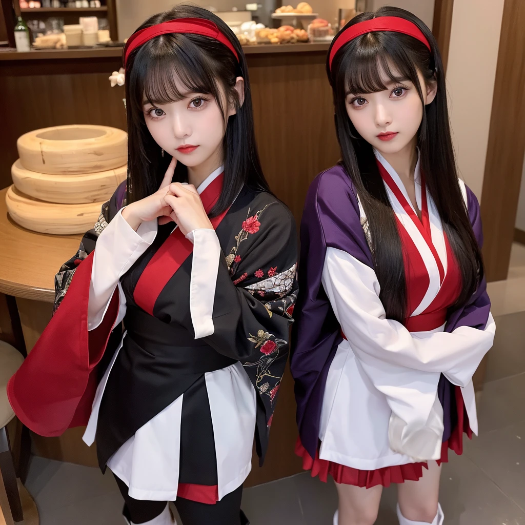 Urzan-6500-v1.1,  (RAW Photos:1.2), (Photorealistic), (Genuine:1.4), (Pieces fly), Elegant woman with a perfect figure: 1.3, Jet Black Hair、((Straight bob hair with neatly trimmed ends、bangs、Red Hairband))、(She is wearing a deep purple furisode with an elegant pattern..)、Standing with the fan closed、Majestic Hall々, (A look full of murderous intent:1.2)、 Highly detailed face and skin, Beautiful Eyes, double eyelid,  Full Body Shot:1.2、Wearing short boots、(1 person:1.4)、