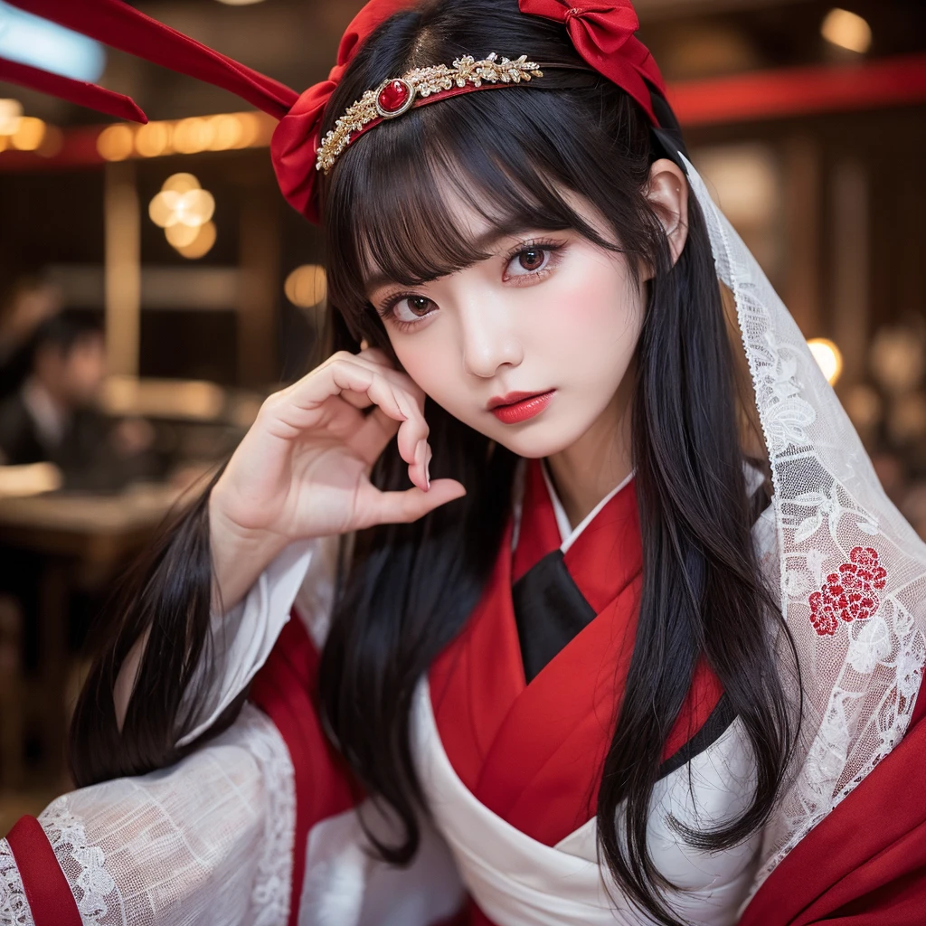 Urzan-6500-v1.1, (RAW Photos:1.2), (Photorealistic), (Genuine:1.4), (Pieces fly), Elegant woman with a perfect figure: 1.3, Jet Black Hair、((Straight bob hair with neatly trimmed ends、bangs、Red Hairband))、(She is wearing a deep purple furisode with an elegant pattern..)、Standing with the fan closed、Majestic Hall々, (A look full of murderous intent:1.2)、 Highly detailed face and skin, Beautiful Eyes, double eyelid, Full Body Shot:1.2、Wearing short boots、(1 person:1.4)、