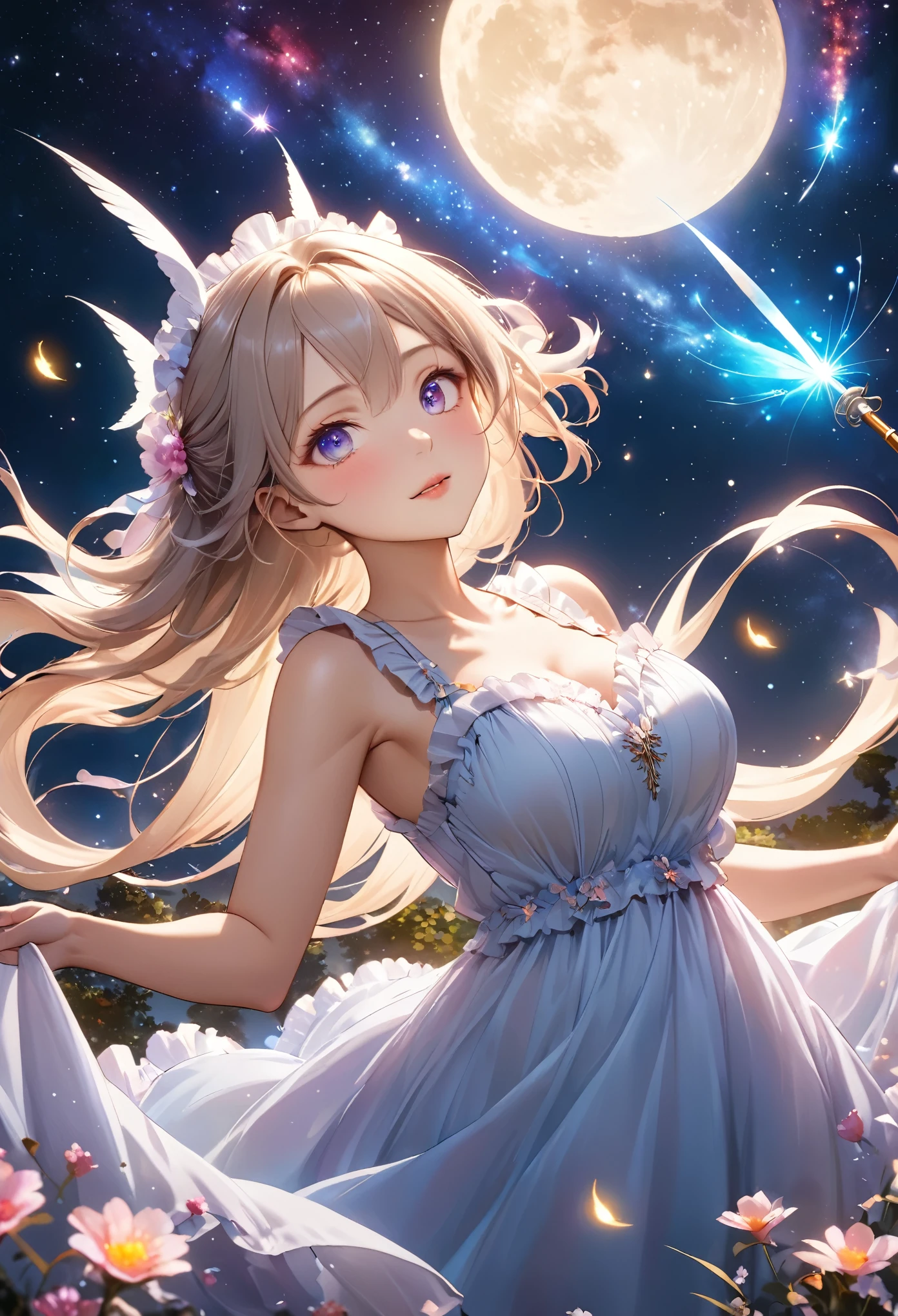 Highest quality, Super quality, 16K, Incredibly absurd, Very detailed, 2.5D, delicate and dynamic, Small faint lights and flying fireflies, night, Starry Sky, milky way, nebula, shooting star, Flowers, birds, wind and moon, Extremely delicate facial expression, Delicate eye depiction, Upper body close-up, erotic, sole sexy lady, healthy shaped body, 22 years old lady, White Devil Guide, 170cm tall, huge firm bouncing busts,  Colorful magic wand, A long dress with a complex structure, A colorful long dress, frilly see-through long dress
