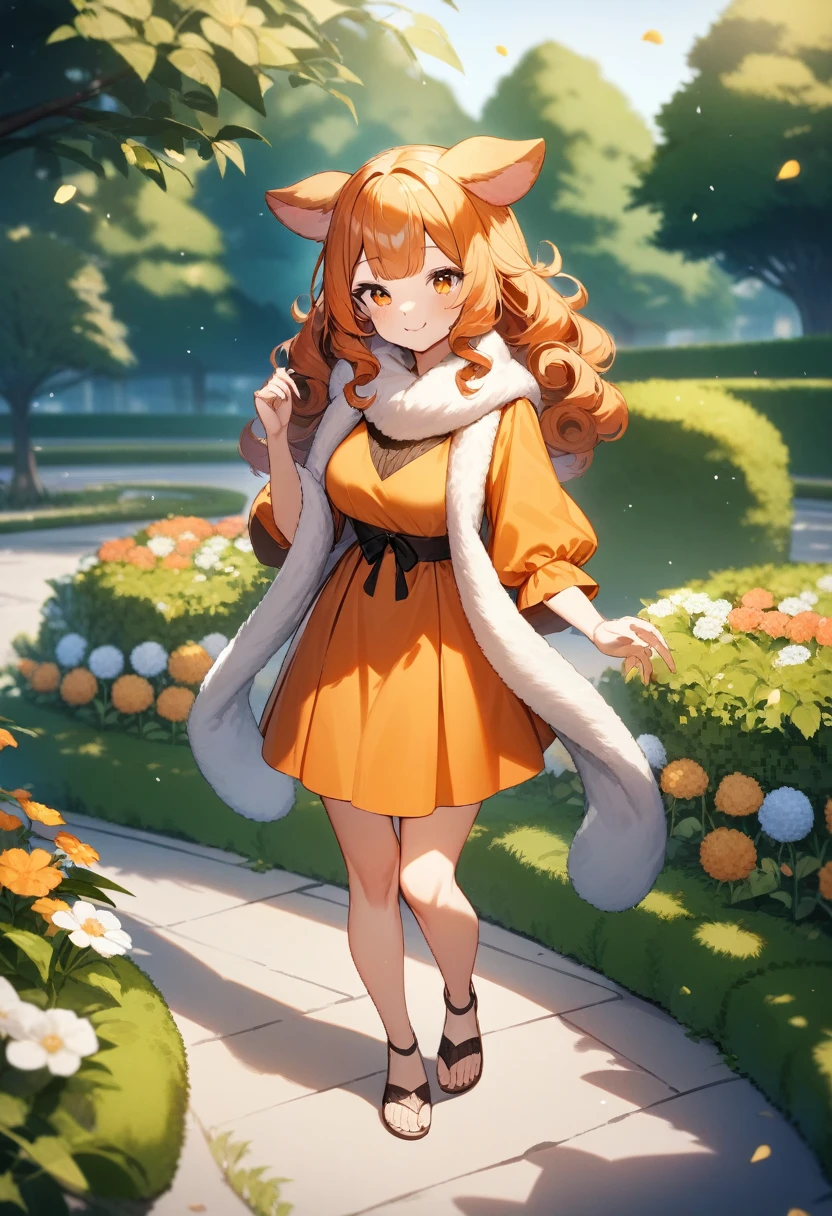 1girl, standing, :3, smile, puppy ears, fluffy white scarf, orange dress, sandals, medium breasts, fluffy hair, curly hair, blunt bangs, long orange hair, park garden, masterpiece quality, ultra HD, 4K, best quality, 