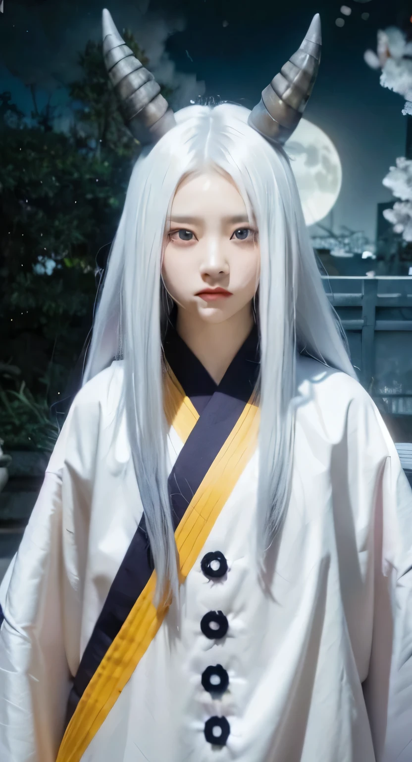 Real life adaption of this character, Korean beauty face, angry expression, ((The color of his pupils is completely white)),realistic detail same hair, realistic same horns, realistic same kimono outfit, (same logo printed on her outfit), realistic light, realistic shadow, realism, hyper realistic,(photorealistic:1.2), looking to viewer,Realistic natural background with moonlight views