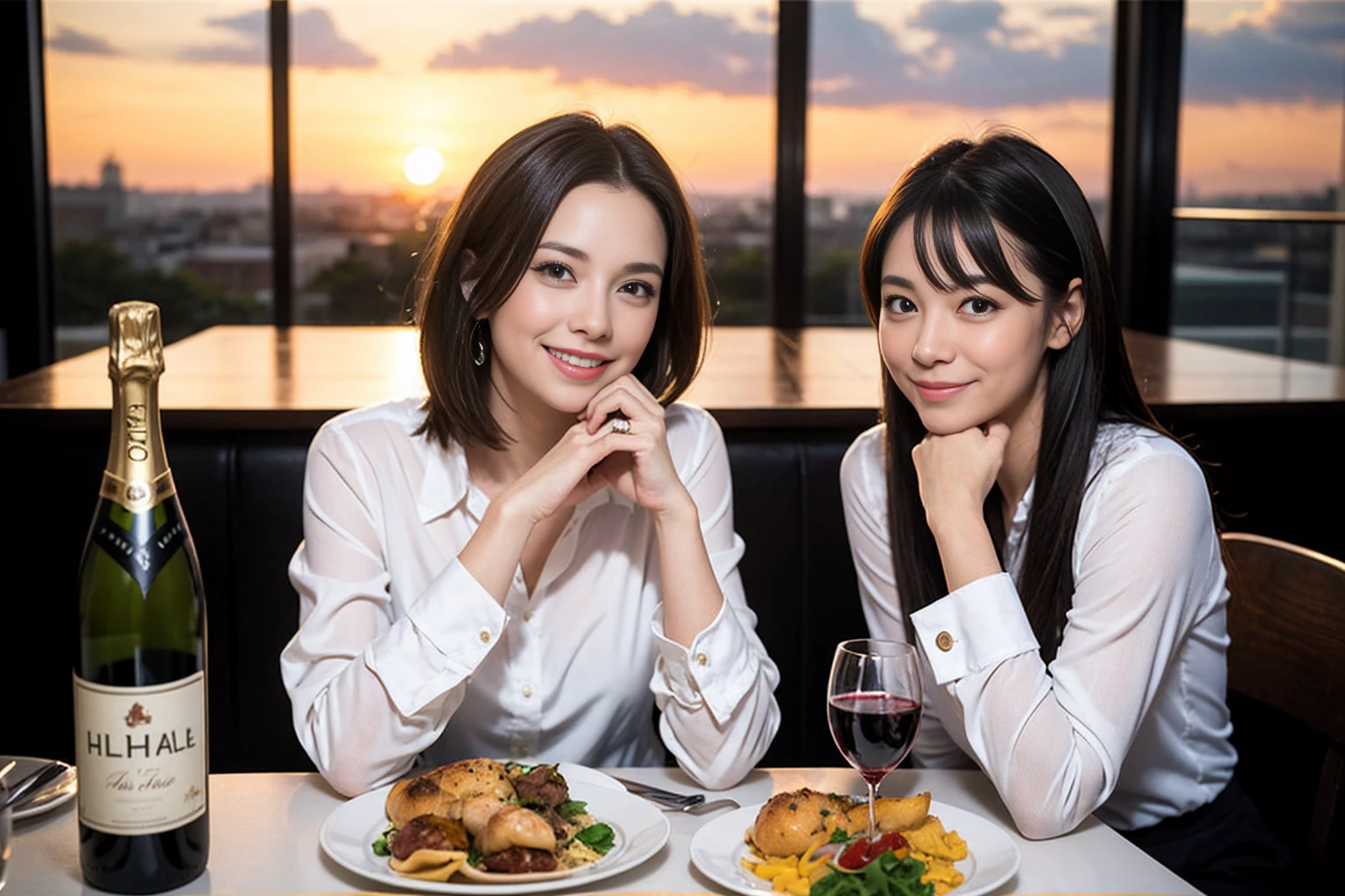 ((Highest quality、、masterpiece:1.3))、1 male、1 female、spouse、Beautiful couple、smile、full-course dinner、 (Slim face), (the body is スリム), (Brown Hair), (Shortcuts), ((Bob Hale、Straight hair:1.2)), テーブルの上のwine glass、Shine light on your face、 Amazing view of the sunset sky and clouds、smileの美しさ、Bright image、Blushing, Shortcuts, (43 years old), 39 years old, Appetizers、Italian food、Wine bottle、Champagne、sparkling wine、Long sleeve shirt、dress、Attractive beauty、restaurant, Nova Frog Style, actress, model, Upper Body, White wine, red wine, wine glass,