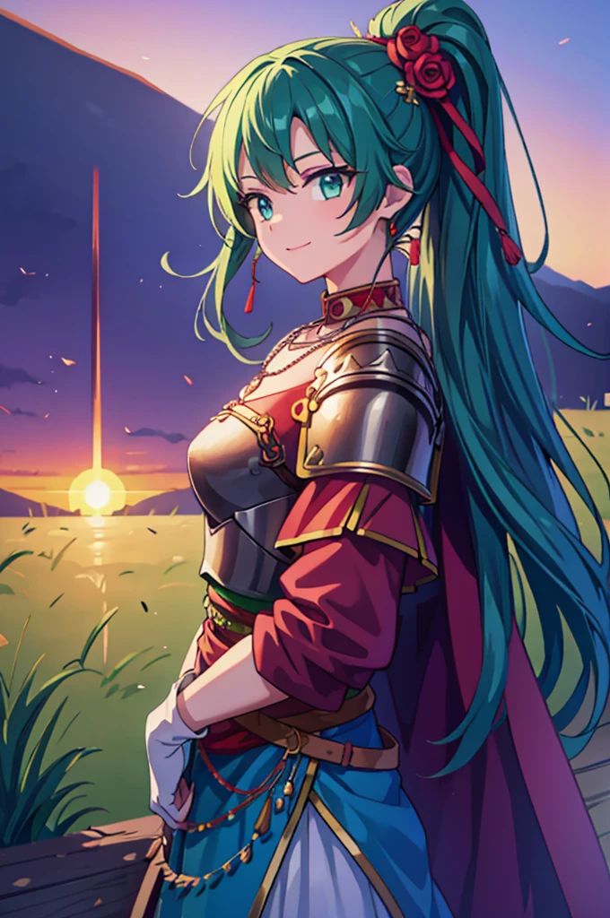 masterpiece, Highest quality, Nanna, hair ornaments, necklace, armor, Red Cape, Green Dress, belt, White gloves, Upper Body, View your viewers, smile, Field, null, sunset, From the side