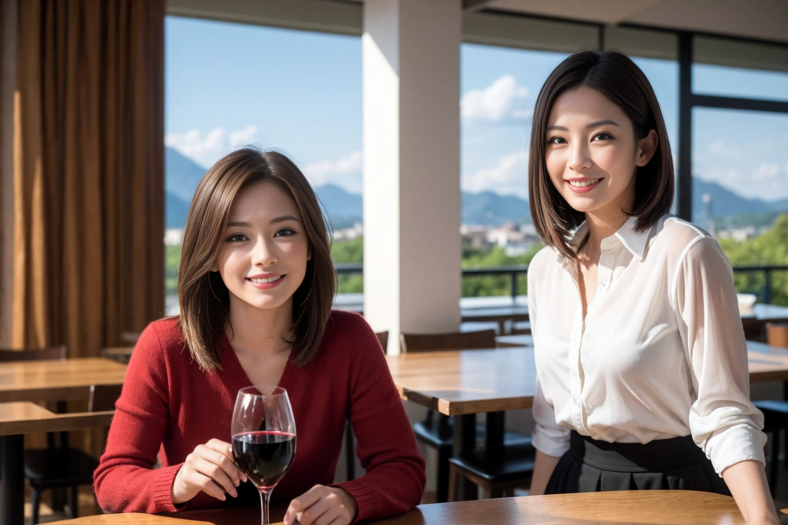 ((Highest quality、8K、masterpiece:1.3))、1 male、1 woman who resembles Satomi Ishihara、Couple、spouse、Couple、The body is slim、((Bob Hale、Straight hair:1.2)), (Realistic, Intricate details:1.2), テーブルの上のwine glass、Shine light on your face、 Amazing view of the sunset sky and clouds、Amazing mountain views、A bright smile、The wonderfulness of smile、Bright image、The beauty of wine, Beautiful Face, blue eyes, The light shines on your face, Blushing, short hair,Bright Face、42 years old), 39 years old, red wine 、Appetizers、Italian food、Wine bottle、Champagne、sparkling wine、Two beauties、Brown Hair、Shortcuts、Long sleeve shirt、dress、Beautiful woman 1, (slimな顔), (The body is slim), (Brown Hair), (Shortcuts), cheeks turn a little red,Attractive beauty、restaurant, In a prominent place (From the waist up) Nova Frog Style, actress, model, Upper Body, White wine, slim, wine glass, 中央に置かれたwine glass, smile, (smile: 1.15), Beautiful fine grain, Depth f/2,saturation, High Contrast, Strong light and shadow,Moist Body:1.5、3D texture、Delicate eyes、Brown Hair、The hair is very shiny、