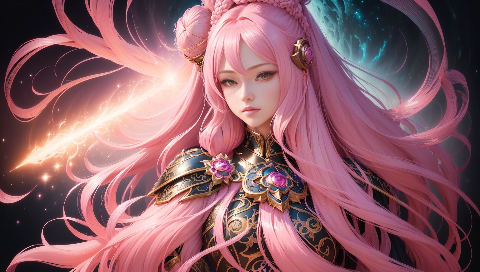 A woman with long pink hair and a bun on her head., Fantasy anime artwork, High quality 8K detailed artwork., beautiful fantasy anime, fantasy illustration of anime, Detailed fantasy digital art, anime goddess, beautiful fantasy art, Beautiful, charming anime women, epic fantasy art style hd, image of knight of the zodiac, beautiful fantasy girl, HD fantasy art, Beautifully detailed fantasy