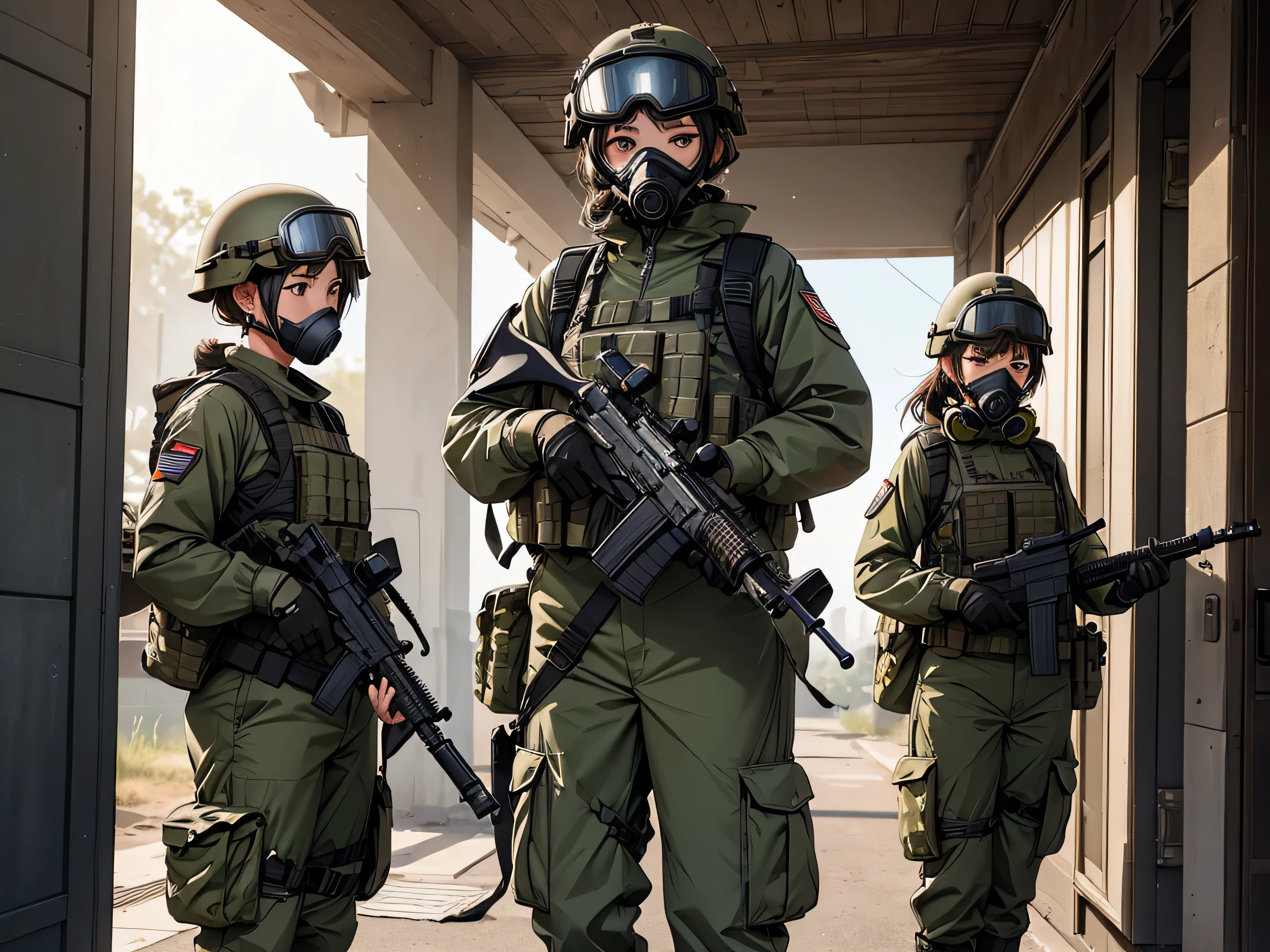 Three female special forces soldiers wearing gas masks、Put on a helmet、Wear goggles、M51 Military Uniform、Guarding the gate、Write details、masterpiece、best quality、Highly detailed CG、8K picture quality、Theatre lighting、lens flare