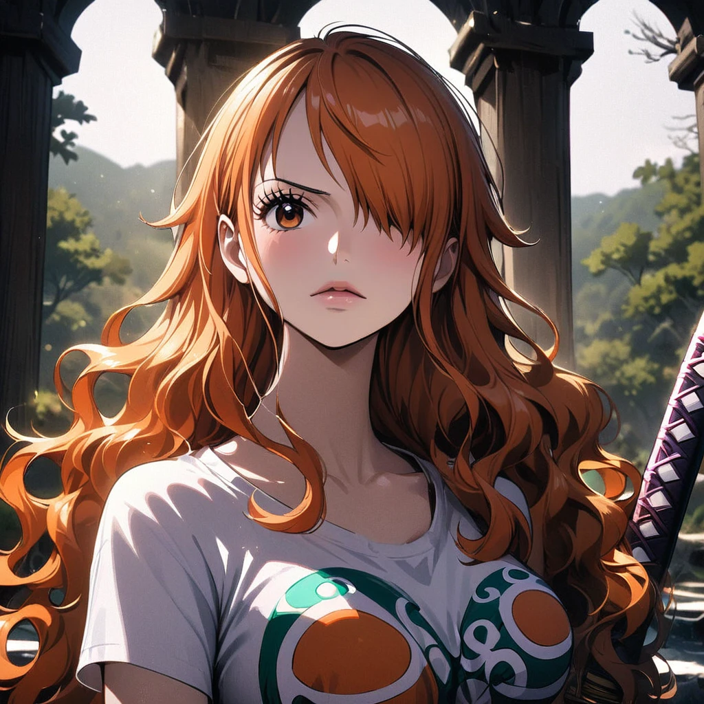 masterpiece, best quality), intricate details, 1 girl, woman, orange hair, nami \ (one piece\), (long hair), shirt, white shirt, female focus, clothes, orange colour kimono, nature, scenery, upper body, ((front view)) ((close up shot)) ((solo)) ((hair over one eyes)) detailed, very high resolution, no blurry image, full body, orange eyes, sligh wavy hair, ((nami from one piece)) ((female nami from one piece)), holding katana, (((wavy hair)) 