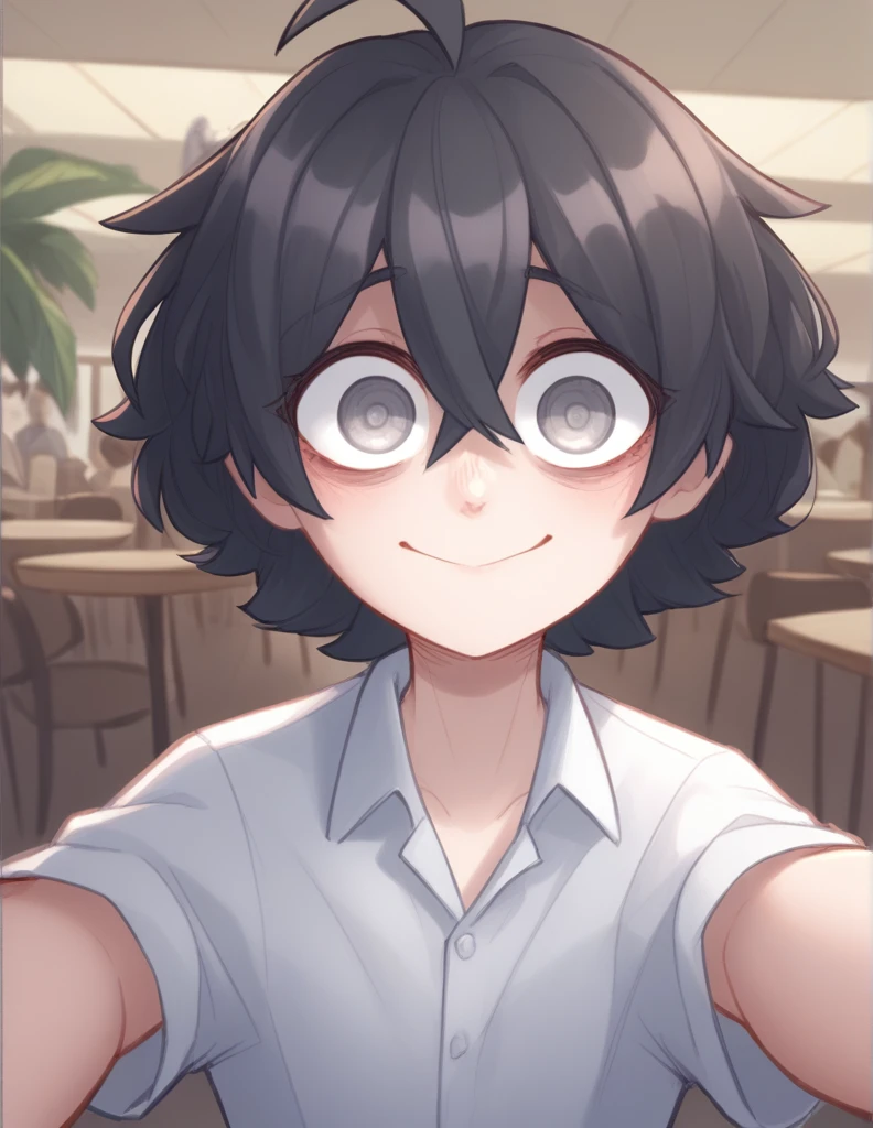 1 girl, alone, black fur, short hair, messy fur, Ahoge, grey eyes, blind eyes, kind eyes, very nervous, beautiful smile, sweet look,
Top manga larga, top beige, mangas cafes, estampado de estrella, estrella cafe, collares de metal, pantalo de piernas anchas, pantalon verde te, tomando selfie, celular, selfie con cafe en mano,
Plaza , cafe,