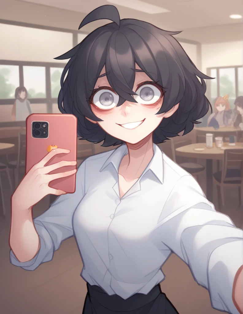 1 girl, alone, black fur, short hair, messy fur, Ahoge, grey eyes, blind eyes, kind eyes, very nervous, beautiful smile, sweet look,
Top manga larga, top beige, mangas cafes, estampado de estrella, estrella cafe,  collares de metal, pantalo de piernas anchas, pantalon verde te, tomando selfie, celular, selfie con cafe en mano, 
Plaza , cafe, 