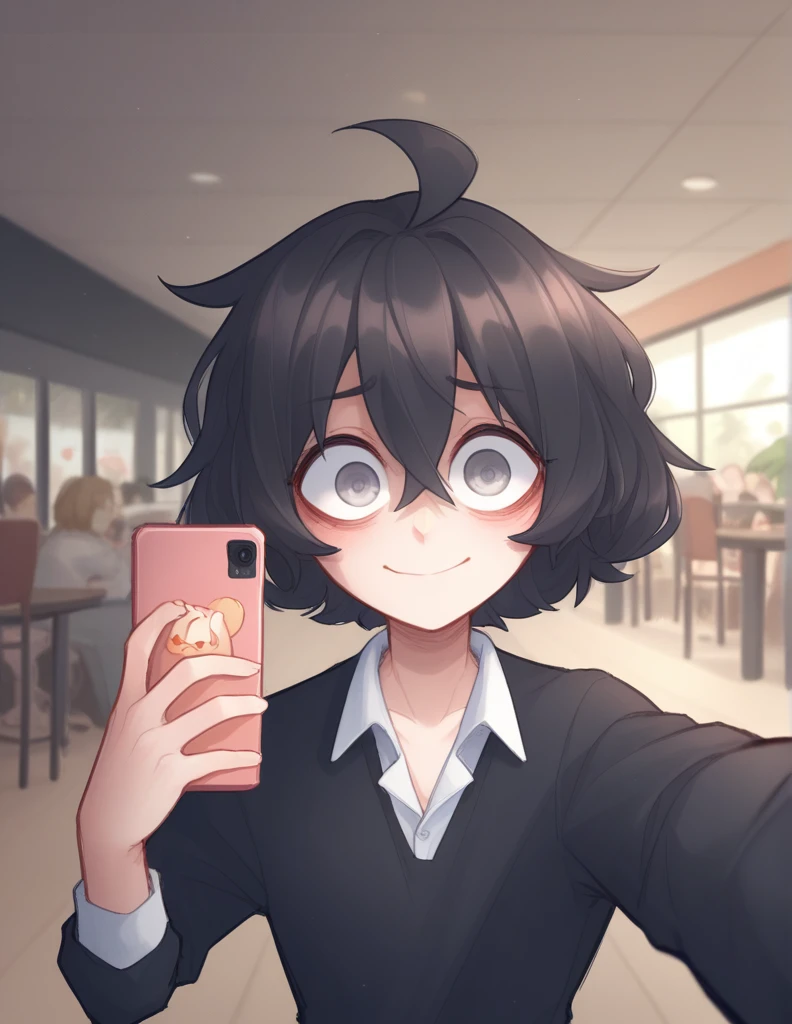 1 girl, alone, black fur, short hair, messy fur, Ahoge, grey eyes, blind eyes, kind eyes, very nervous, beautiful smile, sweet look,
Top manga larga, top beige, mangas cafes, estampado de estrella, estrella cafe, collares de metal, pantalo de piernas anchas, pantalon verde te, tomando selfie, celular, selfie con cafe en mano,
Plaza , cafe,