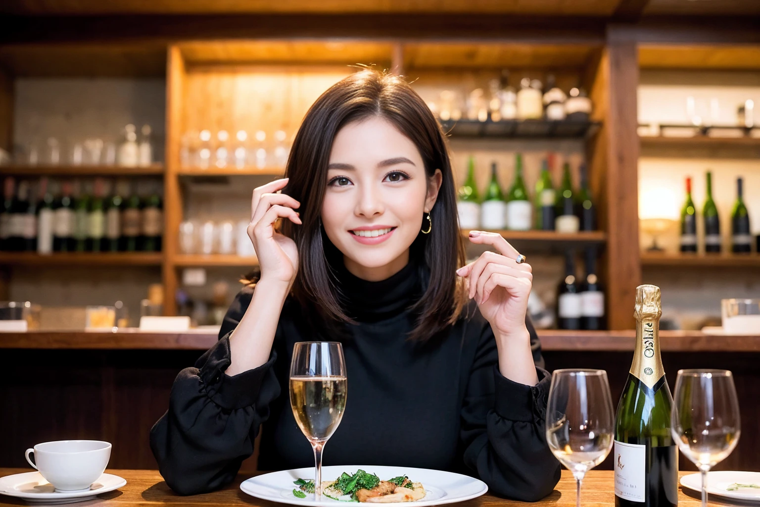 ((Highest quality、、masterpiece:1.3))、1 male、1 female、spouse、Beautiful couple、smile、full-course dinner、 (Slim face), (the body is スリム), (Brown Hair), (Shortcuts), ((Bob Hale、Straight hair:1.2)), テーブルの上のwine glass、Shine light on your face、 Amazing view of the sunset sky and clouds、smileの美しさ、Bright image、Blushing, Shortcuts, (43 years old), 39 years old, Appetizers、Italian food、Wine bottle、Champagne、sparkling wine、Long sleeve shirt、dress、Attractive beauty、restaurant, Nova Frog Style, actress, model, Upper Body, White wine, red wine, wine glass,