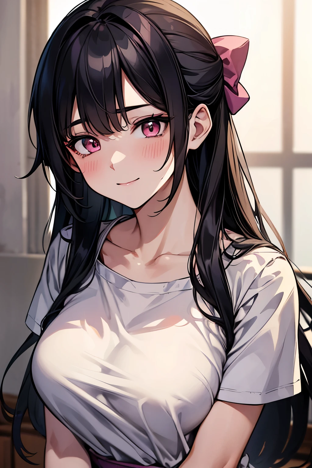 (best quality:1.1), (Masterpiece:1.2), lady, long hair, black hair, Hair bow, pink eyes, big breasts:1.2, beautiful, cute, Bright face, Good mood, high school girl, student uniform set, Sweating, ปากอมชมพู, ยิ้ม, ห้องเรียน, เย้ายวน, collarbone, ((Highest quality, Best Performance, Maximum details, Light and shadow details:1.2, 4k details))