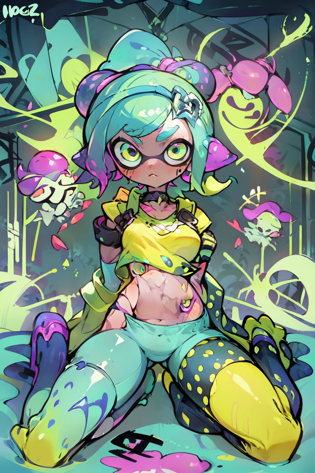 masterpiece, Highest quality, One Splatoon girl, alone, Crop top, choker, (graffiti:1.5), Paint splashes, Put your arms behind your back, Against the wall, View your viewers, Armband, Thigh straps, body paint, Tilt your head, boredom, Multicolored tentacle hair, Golden Eyes, headset,Wearing a yellow sweater with pink polka dots and bubble pattern、Big Breasts、Slim anime characters, Blue and green pants, Psycho, Cool pose, Left Crab Arm, Zooble, Cool Seated Pose, Abstract Triangle, Clown atmosphere
