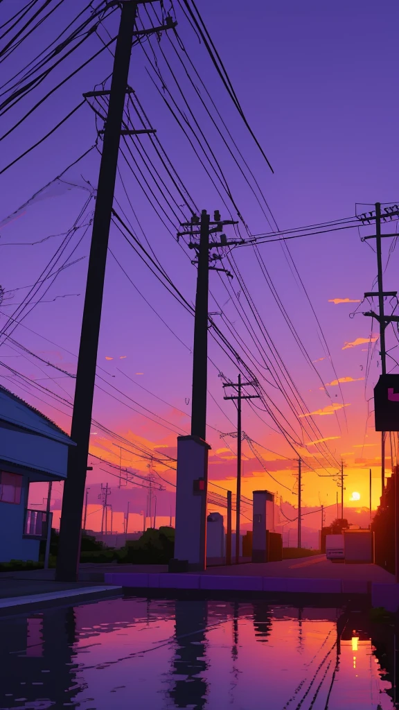 purple theme, power pole in the sunset, pixel art, anime