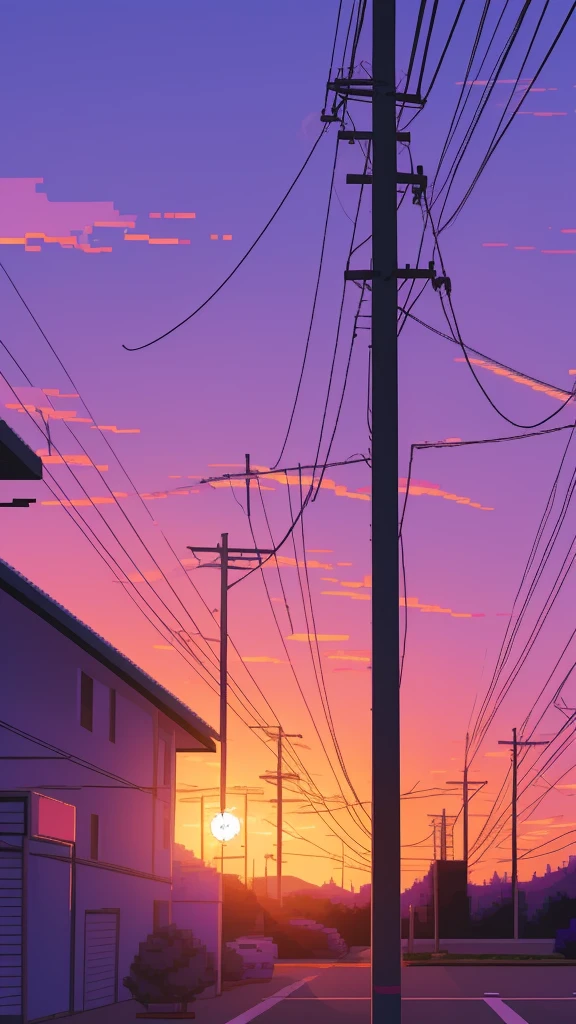 purple theme, power pole in the sunset, pixel art, anime