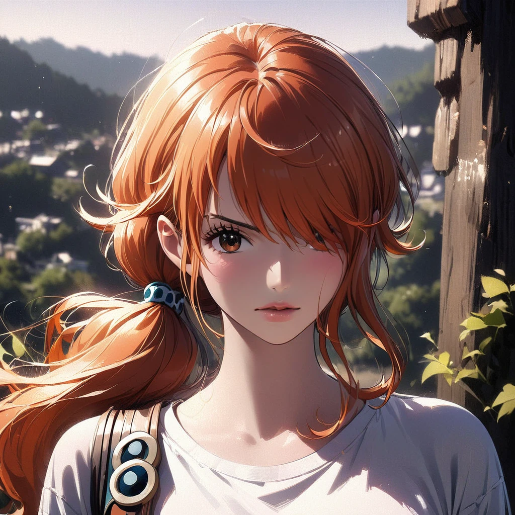 masterpiece, best quality), intricate details, 1 girl, woman, orange hair, nami \ (one piece\), (long hair), shirt, white shirt, female focus, clothes, orange colour kimono, nature, scenery, upper body, ((front view)) ((close up shot)) ((solo)) ((hair over one eyes)) detailed, very high resolution, no blurry image, full body, orange eyes, sligh wavy hair, ((nami from one piece)) ((female nami from one piece)), holding katana, (((low ponytail)) Along with luffy 