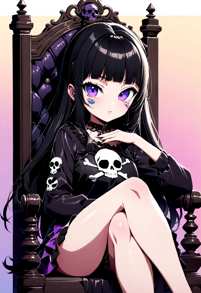 Black Hair、Black Feather、Gothic punk dress、Legs sticking out，Sit on a chair, Crossing your legs、Throne,anime zombie witch design, Crossbones, skull, Streetwear Design, Provector, Horror Style, Full Design, Only 6 colors, Solid Colors, No Shadow, Full Design, Stickers, Bright colors, White Background.Ultra-fine illustrations,(((Beautiful fine hair))),(((Beautiful Faces))),(((Beautiful background))),(((Beautiful fine hair))),(((Beautiful Faces))),(((Beautiful background)))、Black Hair、Blunt bangs，Undershot