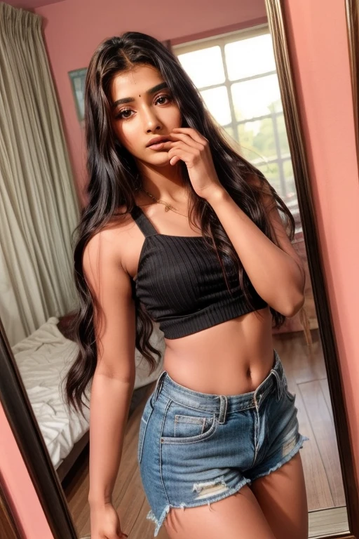 beautiful cute young attractive indian, 18 years old, cute, , long black_hair, colorful hair, warm,  photo shoot with mirror selfies , indian