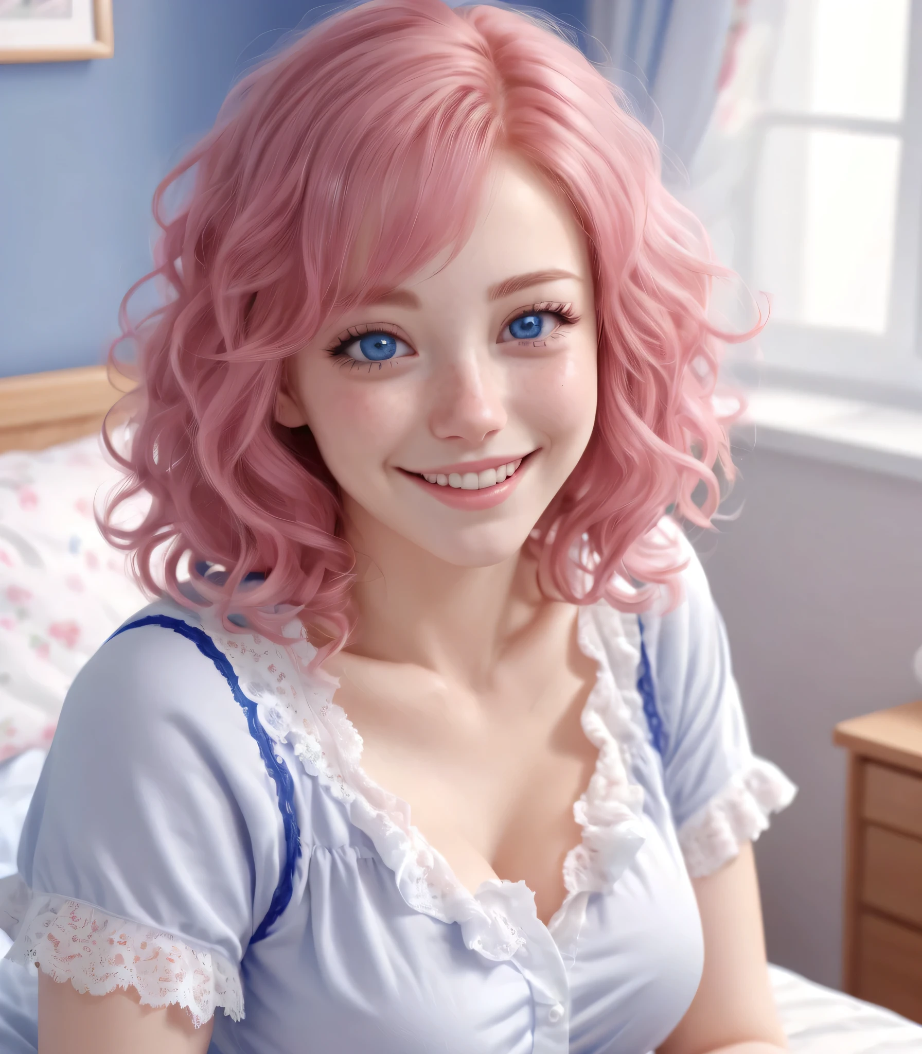 a woman in pijama sitting on a bed, photo realistic, curly pink hair, cobalt blue eyes, smiling, upper torso included, a-pose, armpit, :6, dressed in a frilly ((lace)), beautiful render, nagasaki, photo of the girl, cougar, 