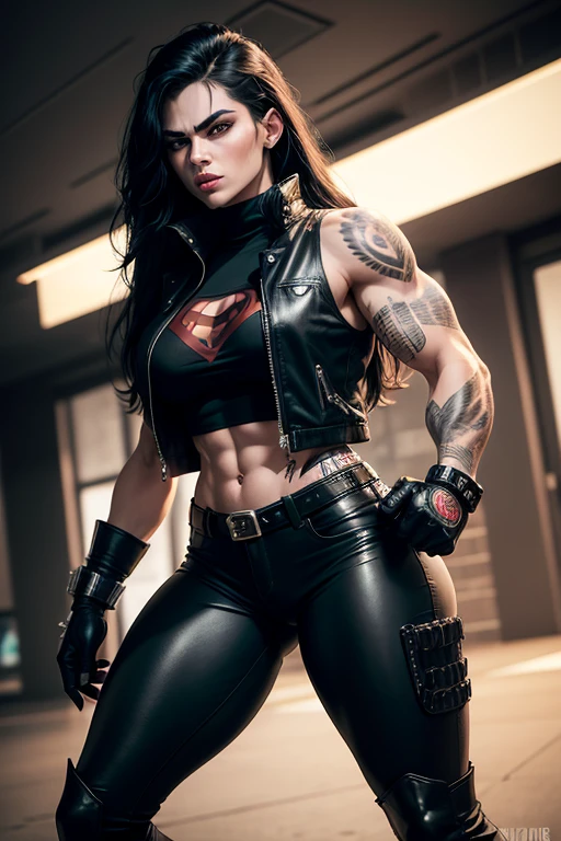 25-year-old woman in the style of DC Comics "Wolf" is an intergalactic anti-hero, known for his cruelty and sarcastic behavior.. He is depicted as an alien humanoid with pale white skin., long black hair, and a muscular physique in tight pants. Her bright red eyes give her a menacing appearance... Often dressed in an open black leather vest., tight pants, and heavy boots, he has a punk rock look. His tattoos and scars all over his body highlight his hardened character.., while his favored dagger and firearms highlight his brutal and merciless fighting style., in NYC,
