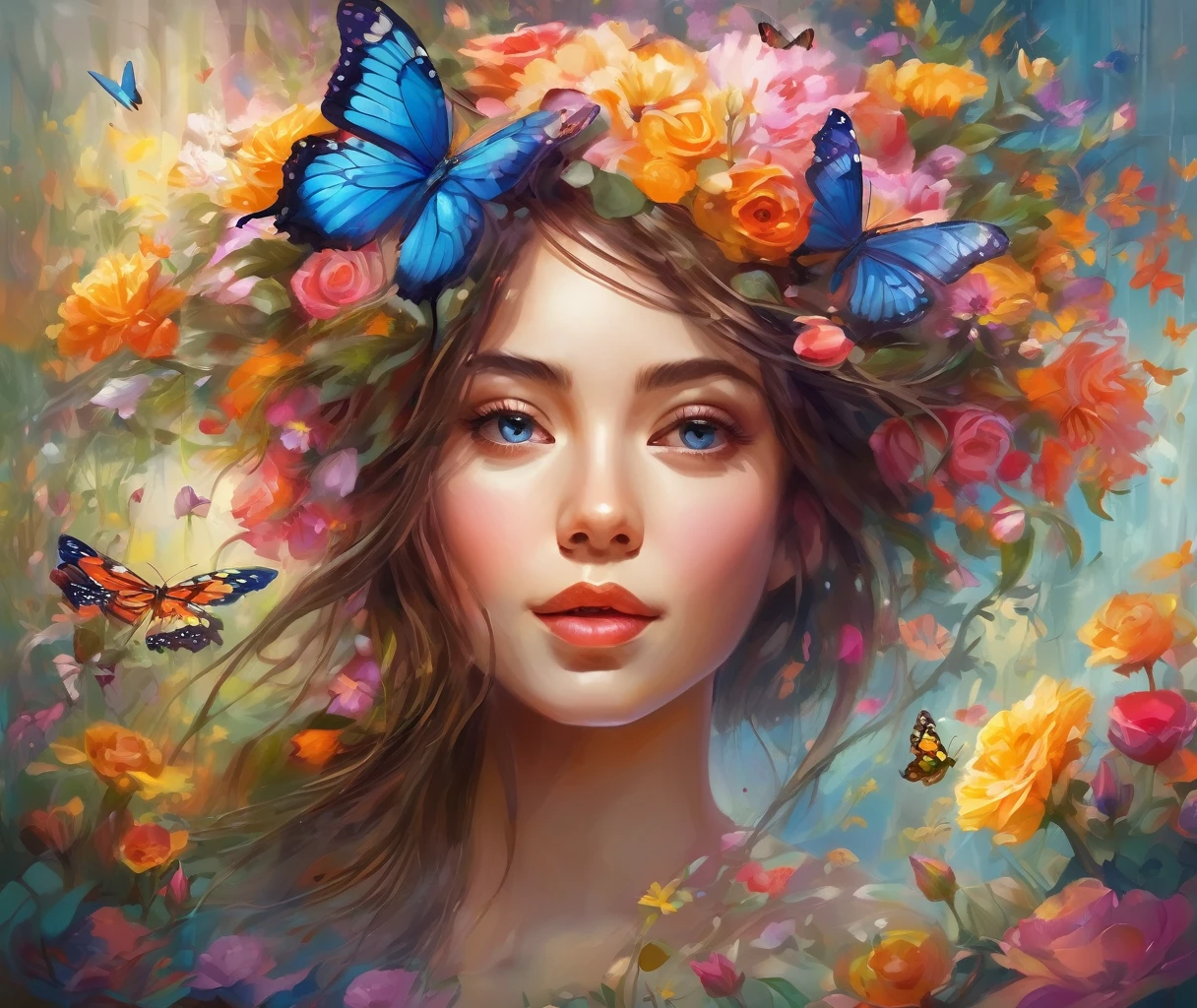 Girl with flowers head, Surrounded by colorful gardens, Soft and soothing colors, Vibrant flowers, Butterflies flutter around, gentlesunlight, Fantastic atmosphere, Detailed and authentic features, Smooth brushstrokes, Oil painting medium, High quality and high resolution, Magical and surreal style, Fascinating and imaginative scenes, happy and peaceful mood, Intricate patterns on butterfly wings, Delicate petals and leaves, Harmonious composition, Ethereal and charming atmosphere, girl calm expression, Grab your audience's attention, Evoke emotions、A masterpiece that inspires creativity. (Best quality at best, 4K, A high resolution, tmasterpiece:1.2), ultra - detailed, actual:1.37, oil painted, vivd colour, gentlesoftlighting, enchanting Garden, Magical butterflies