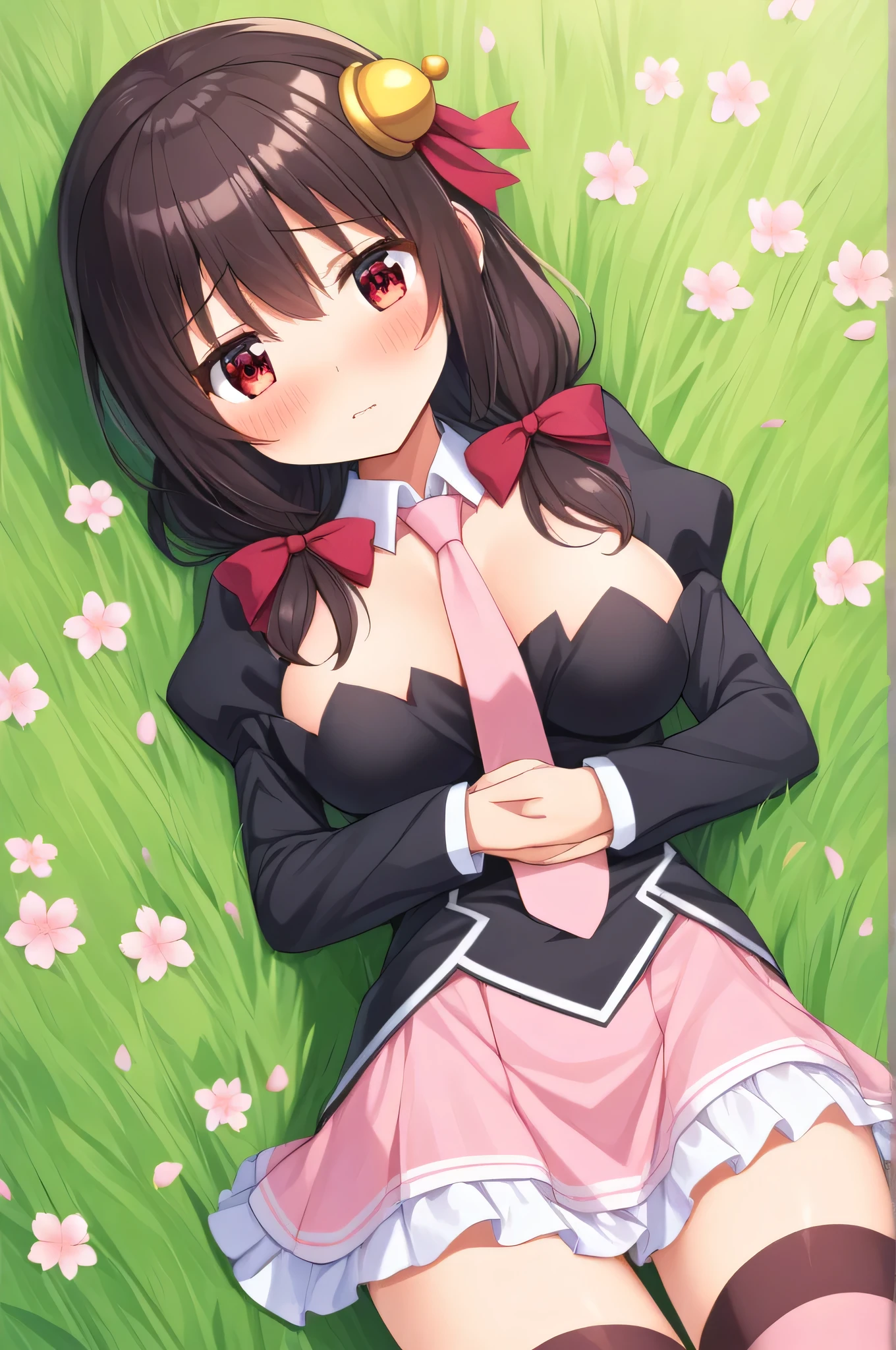 alone, One girl, Embarrassed face, View your viewers, Crown Blade, hair ornaments, Hair Ribbon, Pink tie, Black long sleeve, Pink Skirt, Knee socks, Cleavage, grassland、Black Hair、Red Eyes、(blush:1.5)、Sleeping on your back、cherry blossoms、Pink underwear