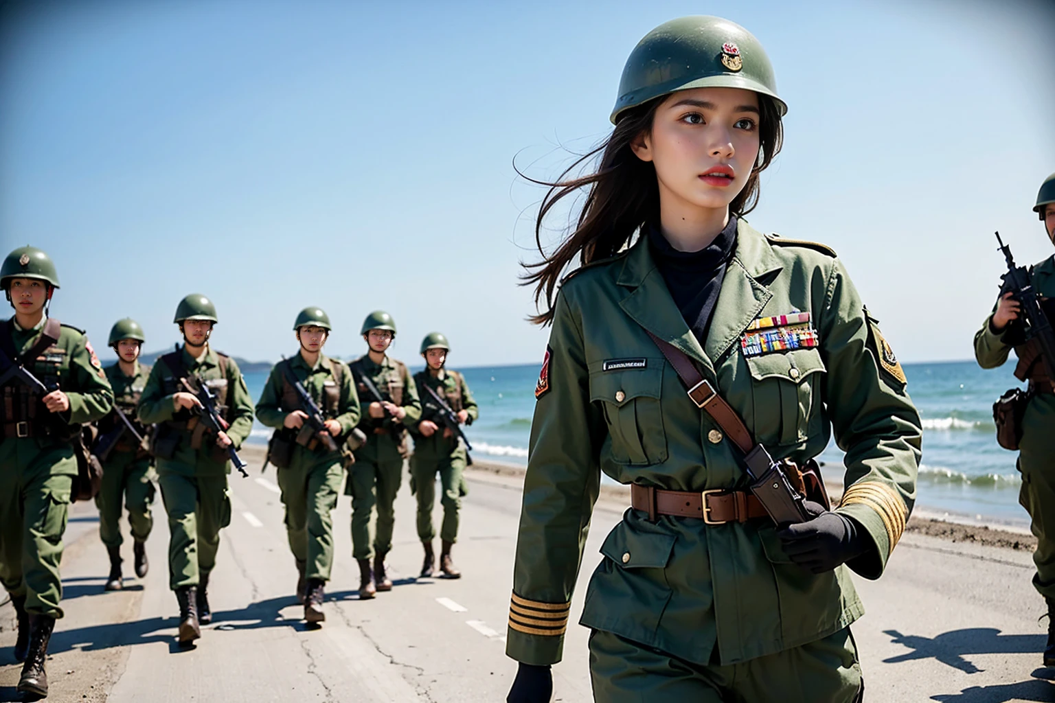 A powerful photograph of a determined young woman dressed in an authentic British World War II military uniform, leading a group of soldiers in a historic coastal landing. The rugged beach provides an imposing challenge, but she stands tall, her helmet accentuating her strong silhouette and her jacket conveying her unwavering determination. Her focused gaze is set on the mission ahead, and her aura of leadership and courage is palpable. In the background, faint outlines of paratroopers being dropped and Allied forces initiating the assault by ship and aircraft create an immersive, cinematic atmosphere that captures the essence of war and camaraderie.