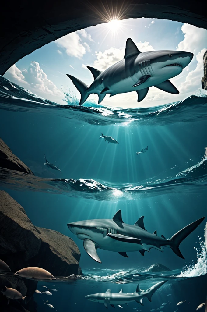 generates an image of a mysterious shark, hidden in the darkness of the sea and at the top you can see the reflection of the sun in the water with a dark drawing style