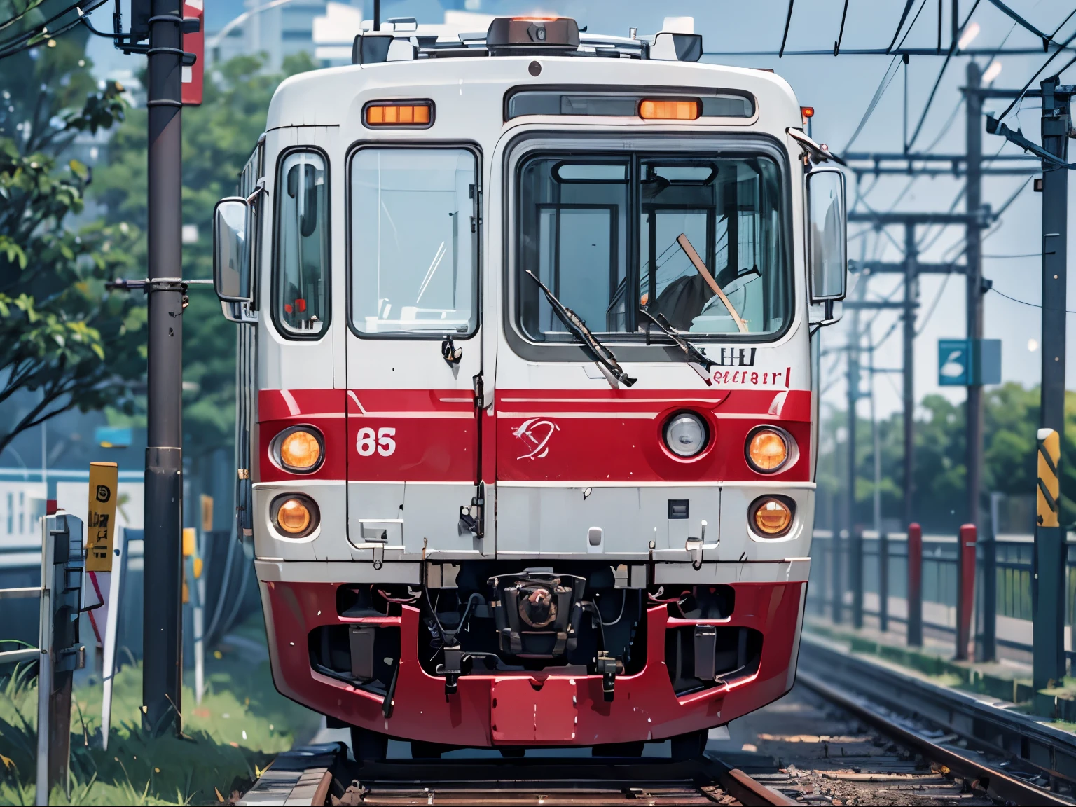 Masterpiece,hd, 2d, anime, trains, silver color with red strippes, outdoor, 6021, KAI