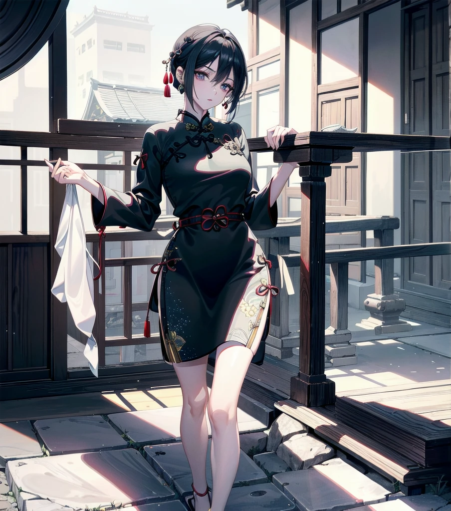 absurdres, RAW photo, extremely delicate and beautiful, masterpiece, Best Quality, ultra high resolution, 32k, hyperrealistic, ultra-detailed, Very detailed CG 8k wallpaper, Beautiful Lighting, Perfect Lightning, Realistic Shadows, perfect anatomy, super Detailed skin, perfect figure, Japanese woman, late 20s, very Slim body, narrow waist, very small head, handsome detailed woman, very detailed eyes and face, realistic face proportions, Stunning detailed eyes, Realistic beautiful face, very small face, Realistic small beautiful eyes, tearful mole, earring, beautiful and very thin legs, beautiful and very thin thighs, very huge round breasts, medium hair, black hair, (full body shot), (cheongsam:1.5),